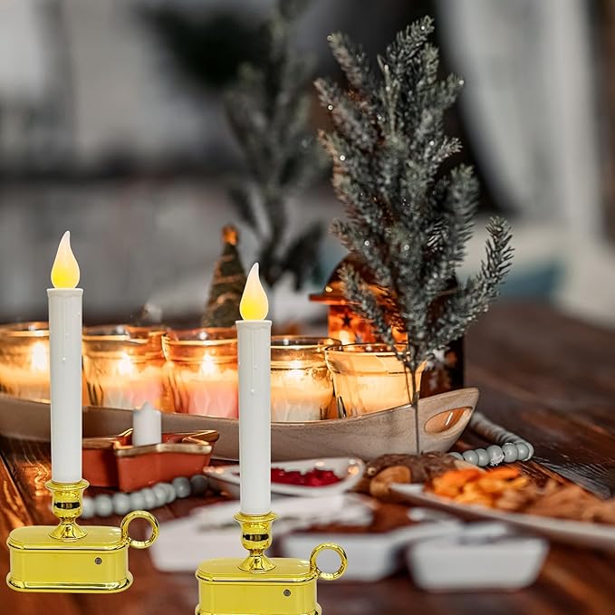 Set of 4 Battery Operated LED Window Candles with Dusk to Dawn Sensor, Flicker Flame Christmas Candles with Gold Base, 10 Inch Flameless Taper Candle Lights for Table Window Bedroom Christmas Decor