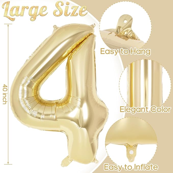 Light Gold Number 4 Balloon 40 Inch, Big Large Foil Helium White Gold Number Balloons, Giant Mylar Number 4 Balloons for 4 Year Old Birthday Party Decorations Supplies Anniversary