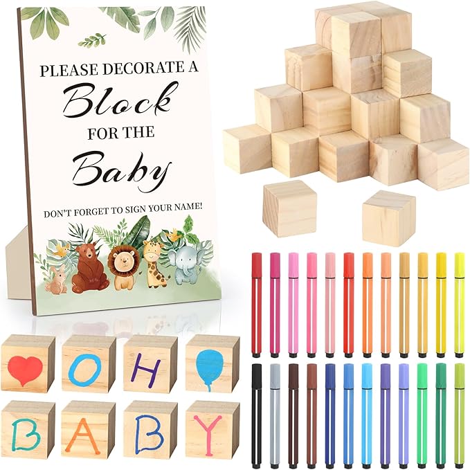 Baby Shower Games Sign Kit with 50 Blank Wooden Baby Blocks, 24 Acrylic Paint Marker and Wooden Sign, Blocks for Baby Shower Games, Gender Reveals Party(Animal)