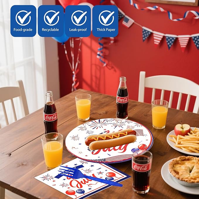 75PCS 4th of July Paper Plates and Napkins - Patriotic Themed Tableware Set Include 7in Paper Plates Napkins Forks Disposable Decoration Supplies for Independence Day Patriotic Party, Serve 25