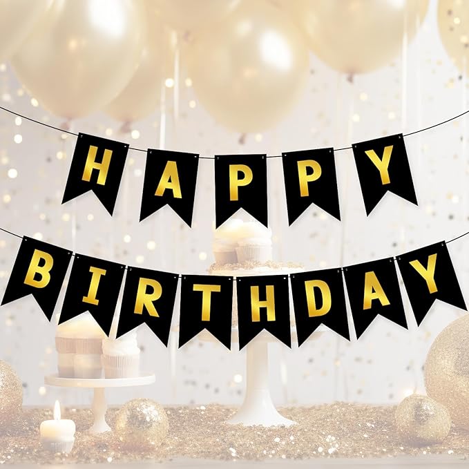Black Happy Birthday Banner Sign Black Gold Bunting Banner Garland for Kids Girl Woman Birthday Tea Party Decorations Bunting Flag Birthday Party Supplies