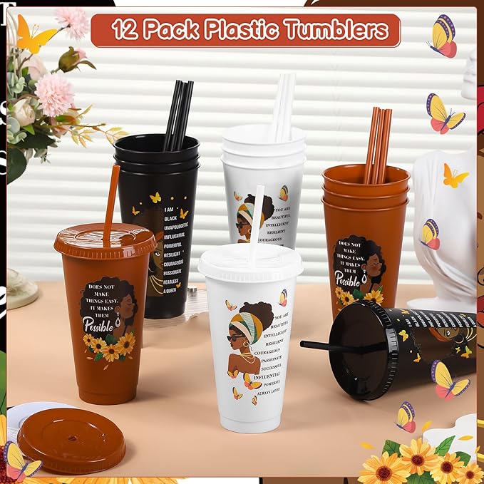 12 Pcs African American Cups with Lids and Straws, 24 oz Black Women Drinking Cups Black Owned Inspirational Gift for Women Lady