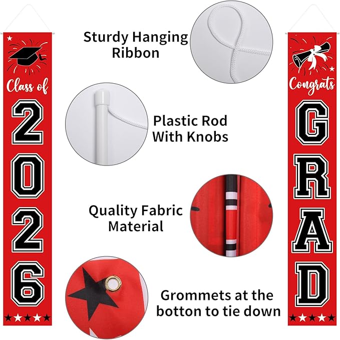 Graduation Decorations Class of 2026 Hanging Grad Banner, Graduation Decorations Class of 2026 for Any Schools or Grades (red)