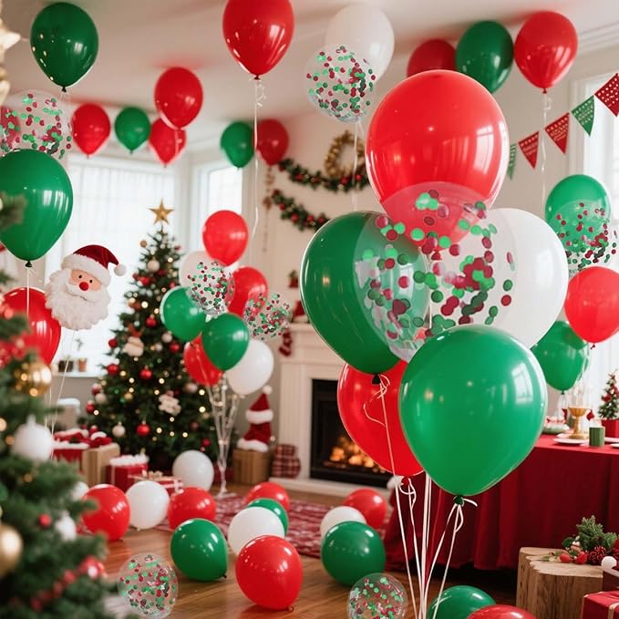 Red White and Green Balloons with Confetti Balloons 12 inch Latex Balloons 80 Pcs for Wedding Birthday Baby Shower Christmas Themed Party Decorations
