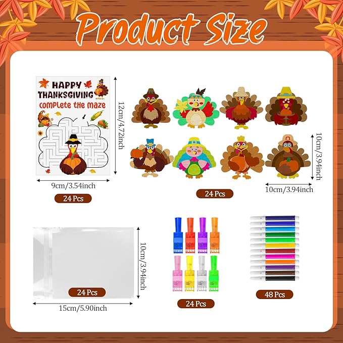 Cinrobiye 144 Pcs Fall Thanksgiving Ctaft Kit DIY Wood Turkey Painting Kits with Cards Thanksgiving Classroom Activities Autumn Holiday Decorations Fall Goodie Bag Favors