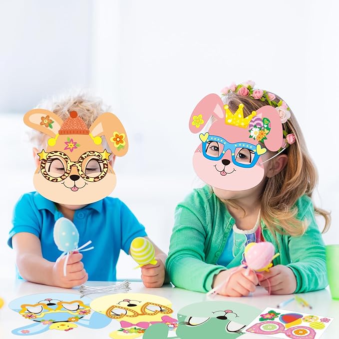 WorldBazaar Easter Bunny Mask Crafts 24 Packs DIY Paper Spring Bunny Mask with Stickers Classroom Family Activities Spring Crafts Easter Party Supplies
