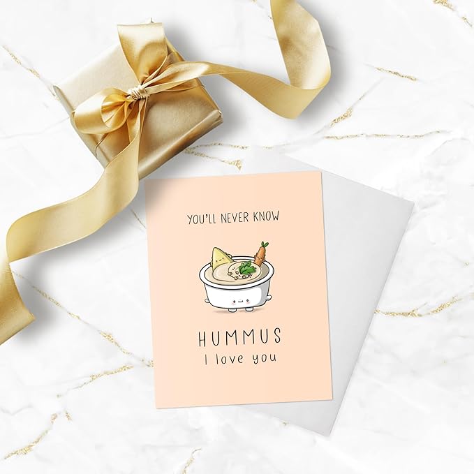ALY LOU Mothers Day Card Anniversary Birthday for Mom Dad Wife Husband Girlfriend Boyfriend Stepmom Aunt Parents – Cute Funny Punny Greeting Card for Fathers Day – Blank Inside (Hummus I Love You)