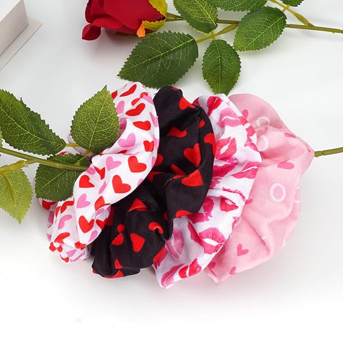 Valentines Hair Scrunchies Red Heart XOXO Hair Ties for Women Girls Elastics Ponytail Holder Valentine‘s Day Hair Tie Love Hair Ropes Valentines Hair Accessories Hair Decoration