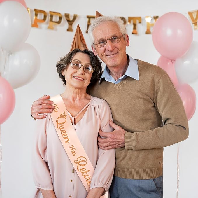 Retirement Gift for Woman - Champagne Retirement Sash with Rose Gold Shine The Queen Has Retired!, Cool Retirement Party Decorations for Birthday Retired Queen.