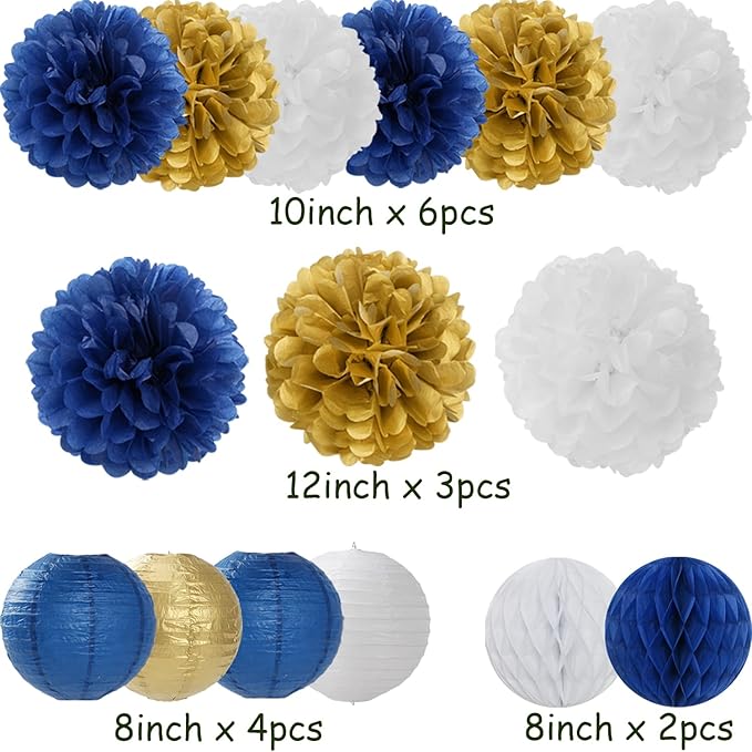 Navy Blue Gold White Paper Flowers Tissue Pom Poms Honeycomb Lanterns 15pcs Royal Party Decorations Birthday Wedding Baby Bridal Shower Bachelorette Graduation Hanging Supplies Mprocherify