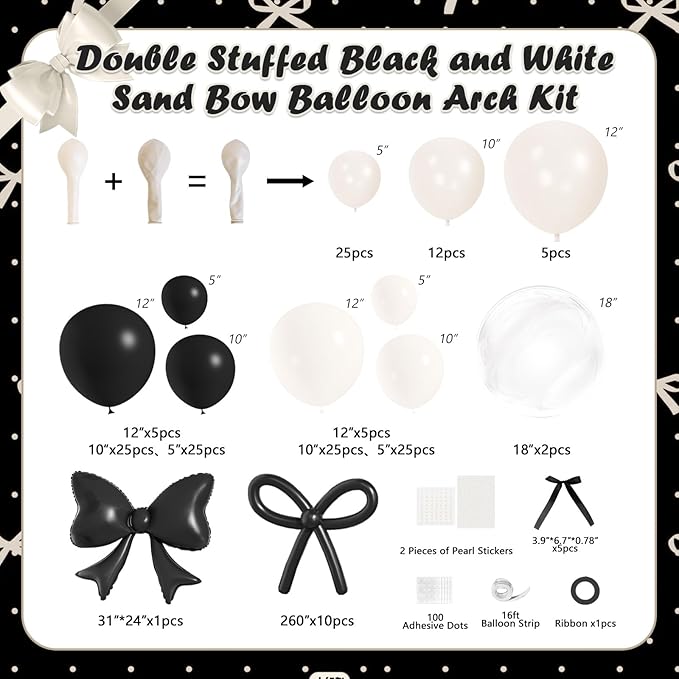 Black Bow Birthday Decorations,187Pcs Black and White Balloon Arch Kit with Clear Bow Foil Double Stuffed Pearl Balloons Ribbon Bow Pearl Stickers for Bow Coquette Birthday Bachelor Bridal Baby Shower
