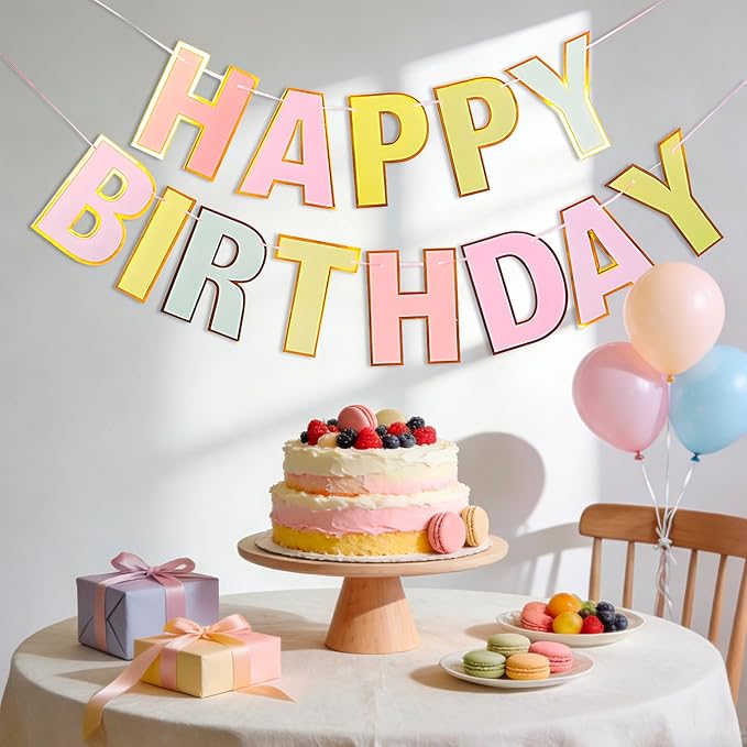 MEETINGU Rainbow Happy Birthday Banner, Colour Rainbow Birthday Party Decorations Color Birthday Sign Colour Happy Birthday Decorations Birthday Party Supplies for Boys Girls Kids Baby Adults (Macaron)