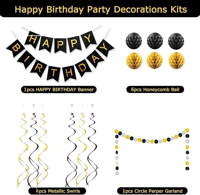 Gold and Black Birthday Decorations,Black and Gold Happy Birthday Banner,Gold Happy Birthday Decorations for Men,Women,Boys and Girls