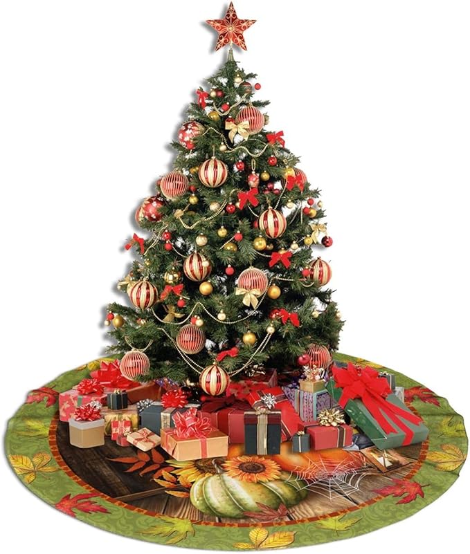 Fall Tree Skirt 48 inch, Thanksgiving Halloween Christmas Tree Skirts Ornaments Decorations, Pumpkin Maple Leaf Spider Web Design for Xmas Party Indoor Outdoor Decor
