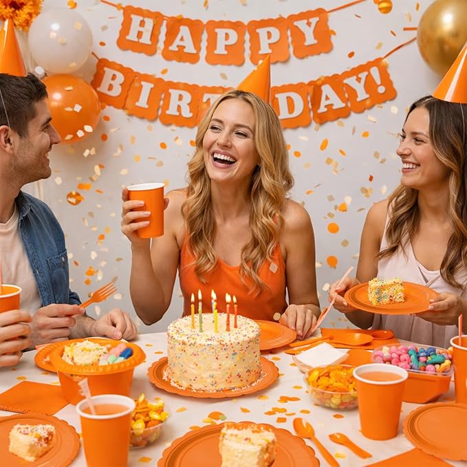 Vyntra 350 Pcs Orange Disposable Paper Plates and Napkins Set for 50, 9" Dinner Plates & 7" Dessert Plates, Tableware for Halloween, Fall Party, Birthday, Picnic
