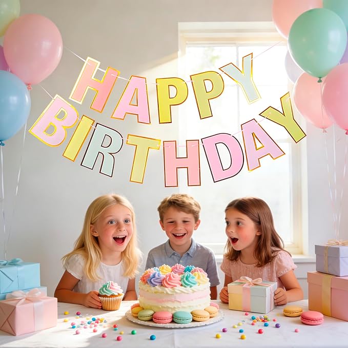 MEETINGU Rainbow Happy Birthday Banner, Colour Rainbow Birthday Party Decorations Color Birthday Sign Colour Happy Birthday Decorations Birthday Party Supplies for Boys Girls Kids Baby Adults (Macaron)