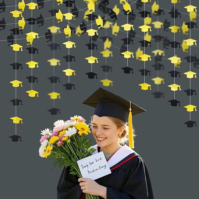 Black and Gold Graduation Garland Graduation Party Decorations Class of 2026 Grad Cap Garland Banner Streamers for Grad Party Hanging Decorations 39Feet