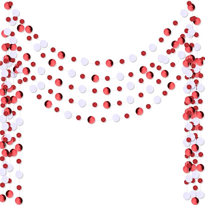 Outus 5 Pieces Red Round Dots Garland Easter Graduation Party Hanging Decor Each Length 13.1ft Glitter Paper Dot Streamers for Birthday Wedding Classroom (White)