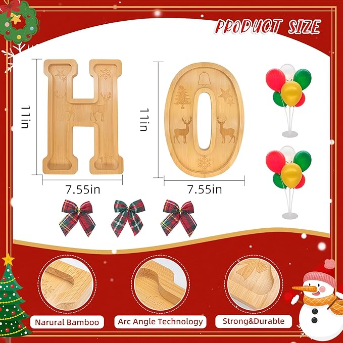 6PCS Bamboo Christmas Decorations Letters Charcuterie Board Box-(with 14 Balloons and Bow) HOHOHO Charcuterie Letters Fillable Food Christmas Party Supplies Table Decoration Food Tray Platter
