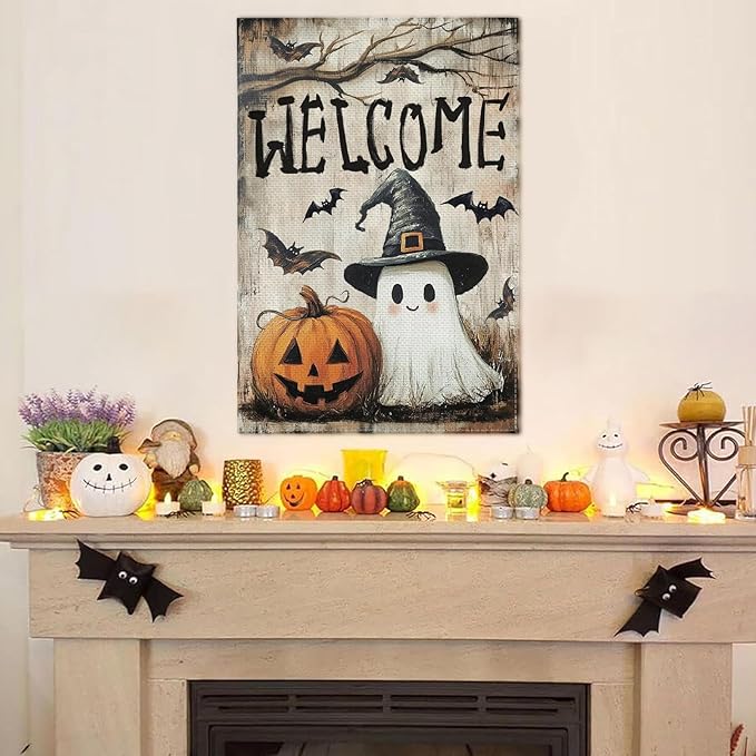 Halloween Garden Flag, 12x18 Inch Halloween Flag, Welcome Yard Flag with Ghost, Pumpkin for Outdoor Porch Decorations