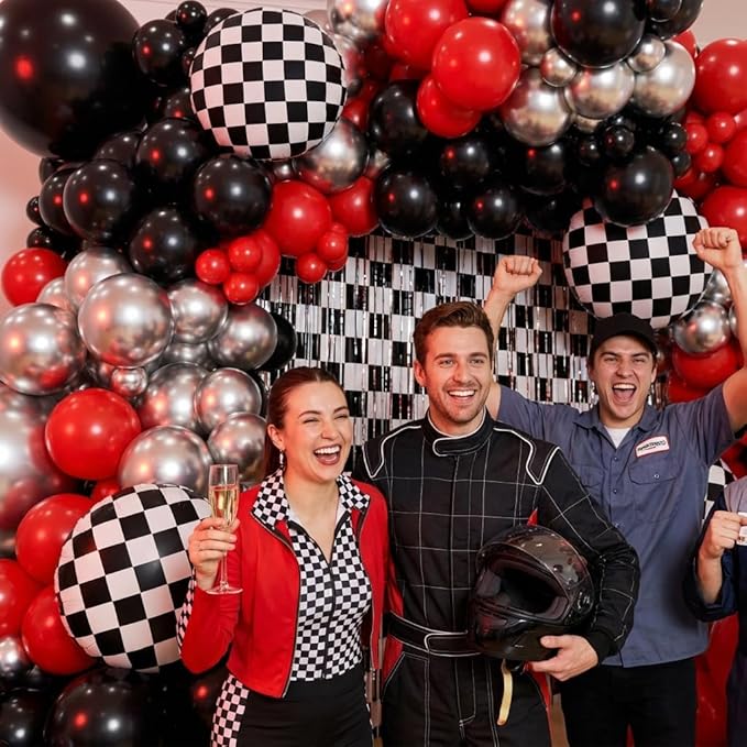 Race Car Balloon Arch Kit -Race Car Birthday Party Streamers Backdrops Decorations, Balloons and Black White Checkered Foil Fringe Curtains Backdrop for Racing Car Two Fast 2nd Theme Party Decorations