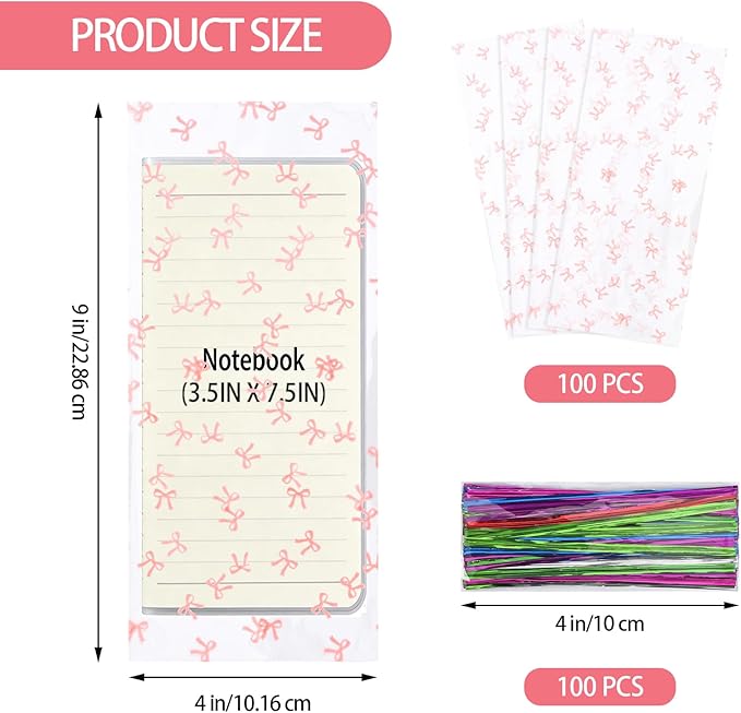 Docvania Cello Cellophane Treat Gift Bags Pink bow Cookie Bags 100 pcs 4 X 9 Goodie Bag with Ties for Mother's Day, Valentine's Day and Parties, Weddings