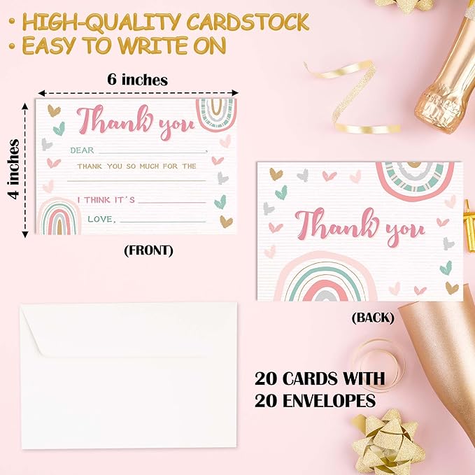 Kids Thank You Cards Fill in the Blank, Boho Rainbow Thank You Notes For Boys Girls, Pink Rainbow Greeting Card, Birthday Party Decorations Favors (20 Cards With 20 Envelopes) -31