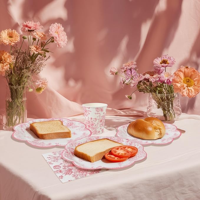 96pcs Pink Party Plates - Pink Flower Paper Plates, Cups and Napkins Spring Graden Dessert Plates for 24 Guests Party Table Supplies for Tea Party Baby Shower Brial Shower Birthday Wedding
