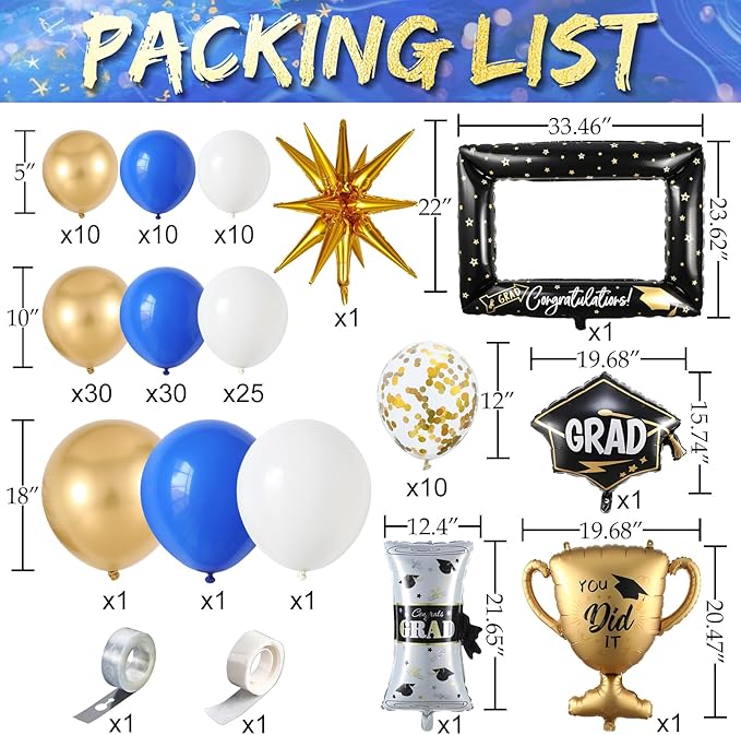 135Pcs Royal Blue Gold White Graduation Balloon Garland Arch Kit,with Explosion Star,Diploma,Trophy,Grad Hat,Photo Frame Foil Balloon for Class of 2025 Graduates Celebration Party Decoration