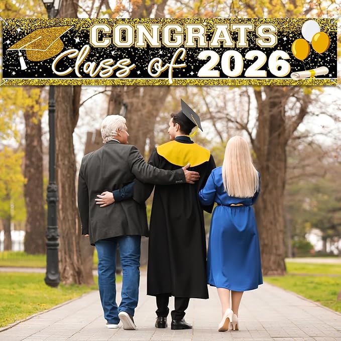 Large Congrats Grad Banner Gold Class of 2026 Banner Backdrop Graduation 2026 Yard Sign for Graduation Party Supplies Graduation Decorations 2026 (Gold)