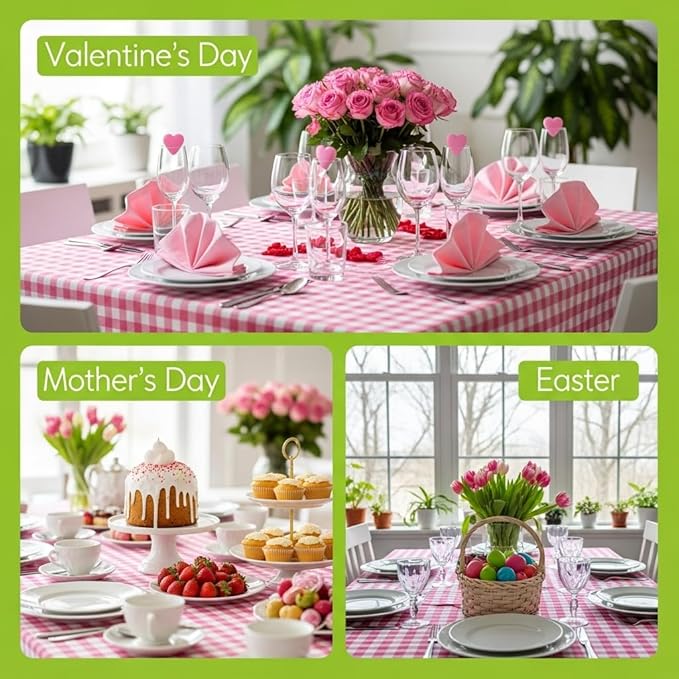10PCS Premium Plastic Pink&White Checkered Tablecloths, 54*108inch Large Disposable Tablecover for Gatherings, Thickened Rectangle Table Decoration for Picnic, Barbecue,Dinner, Party Supplies Bulk