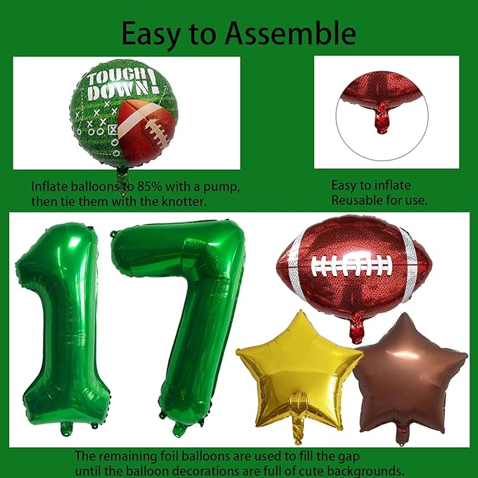 Football Balloons Foil Football Birthday Decorations Balloons Green Number 17 Balloon Gold Brown Star Touchdown Ballons for Rugby Birthday Decorations Sports Ballons Arch Kits Party Balloon Sets 10pcs