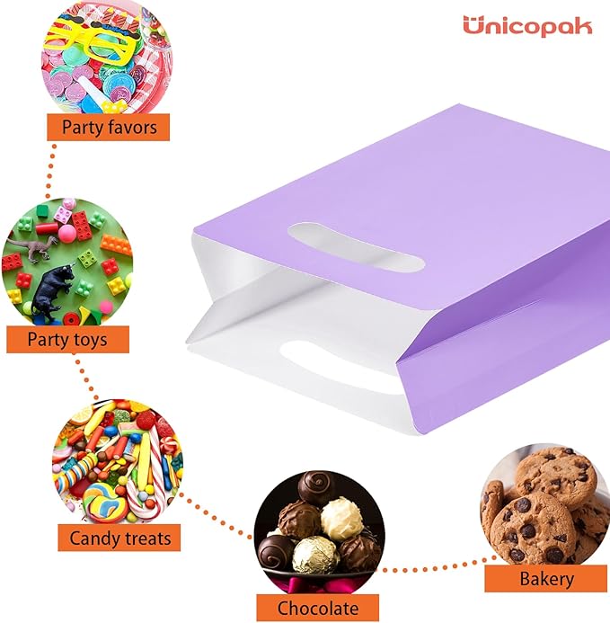 UnicoPak 15 Pack Pastel Party Favor Bags - 6x3x9" Matte Goodie Bags in 5 Assorted Colors for Birthday, Wedding, Baby Shower - Sturdy Teal Pink Purple Blue Gift Bags with Handles, Customizable for Treats & Cookies