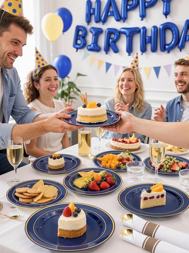 350PCS Navy Blue and Gold Plastic Plates with Rolled Napkins Include Dinner Plate 10’’, Dessert Plate 7’’, gold Cups 9 OZ, Pre Rolled Napkins for Passover/Birthday/Wedding/Easter