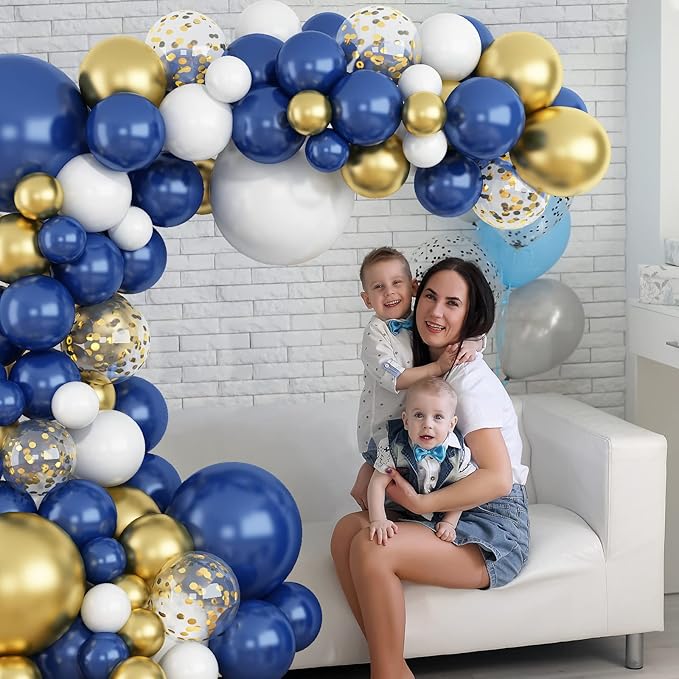 145PCS Navy Blue Gold and White Balloons Garland Arch Kit, 18 12 10 5 inch Navy Blue, White, Metallic Gold and Confetti Balloons Garland, Matte Balloons for Baby Shower, Birthday, Graduation, Wedding
