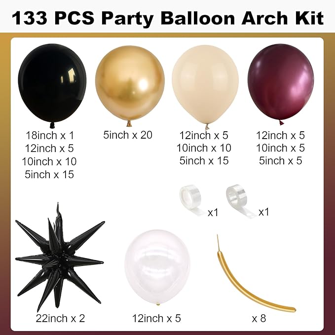 Black Burgundy Gold Balloon Arch Kit, Maroon Black Gold Balloons Garland, Clear White Red Metallic Balloons with Stars Balloon for Birthday Retirement Graduation Celebrations Class of 2025 Party Decor