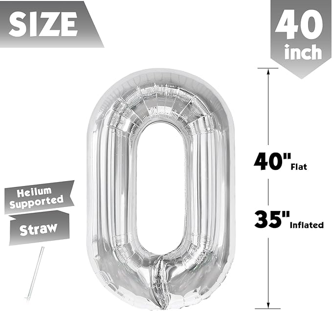 40 Inch Silver Number 0 Balloon, Giant Number 0 Balloons for 10th 20th 30th 40th Birthday Decorations, Party Supplies for Baby Boy Girl, Silver Party Decor
