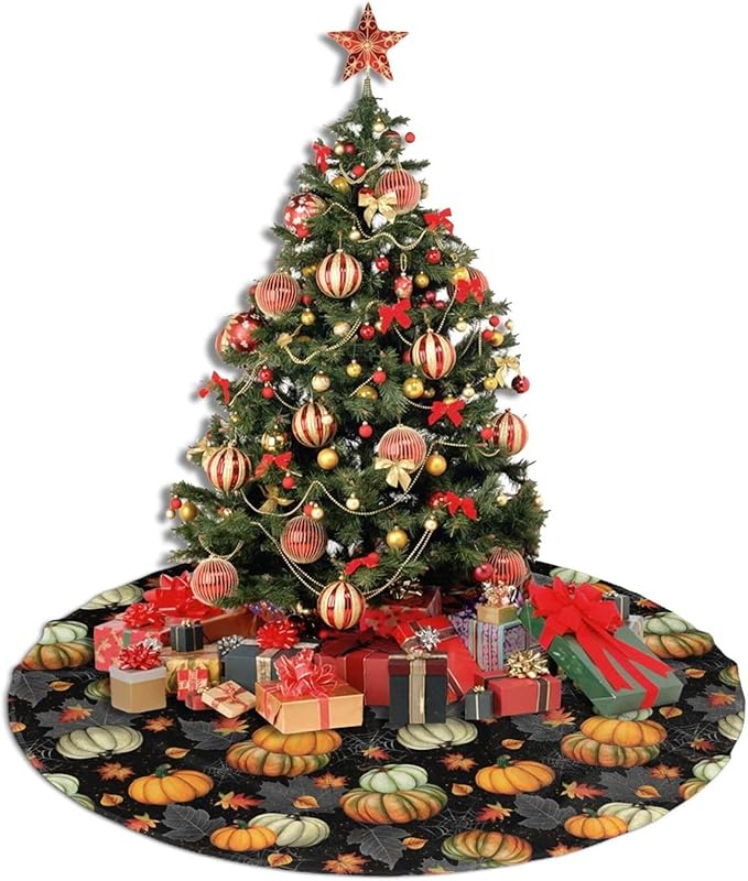 Fall Tree Skirt 48 inch, Thanksgiving Halloween Christmas Tree Skirts Ornaments Decorations, Pumpkin Maple Leaf Spider Web Design for Xmas Party Indoor Outdoor Decor