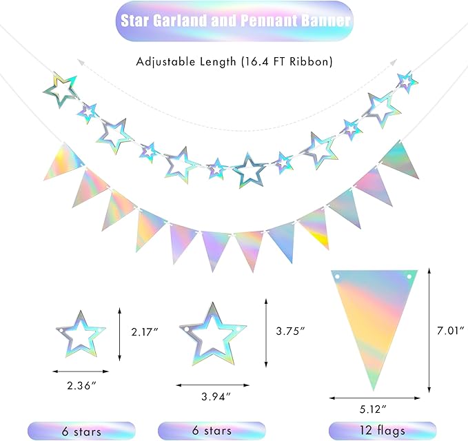 CANREVEL 3 PCS Iridescent Happy Birthday Banners, Hanging Star Garland and Pennant Banner Flags, Sparkling Iridescent Party Decorations, Iridescent Party Supplies for Women Men Girls Boys Adults
