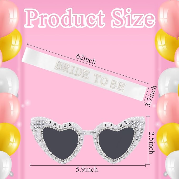 Bride to Be Sunglasses & Bride to Be Sash Set - White Satin Sash with Rhinestone Lettering & Pearl-Embellished Sunglasses for Bachelorette Party, Bridal Shower & Wedding Celebrations