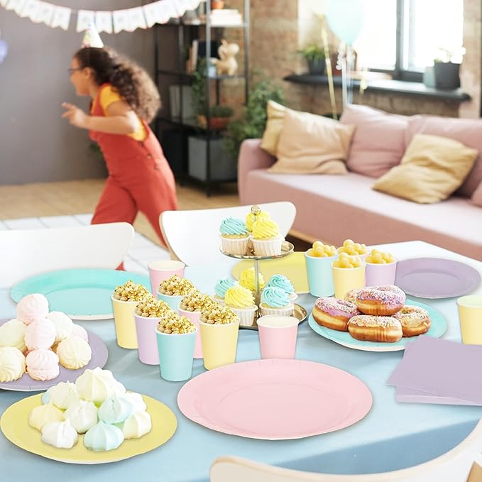 Whaline 244Pcs Pastel Rainbow Tableware Set Serves 48 4 Colors Disposable Dinnerware 48 9" Plates 48 7" Plate 48 9oz Cups 100 Napkins for Spring Easter Wedding Birthday Party Supplies