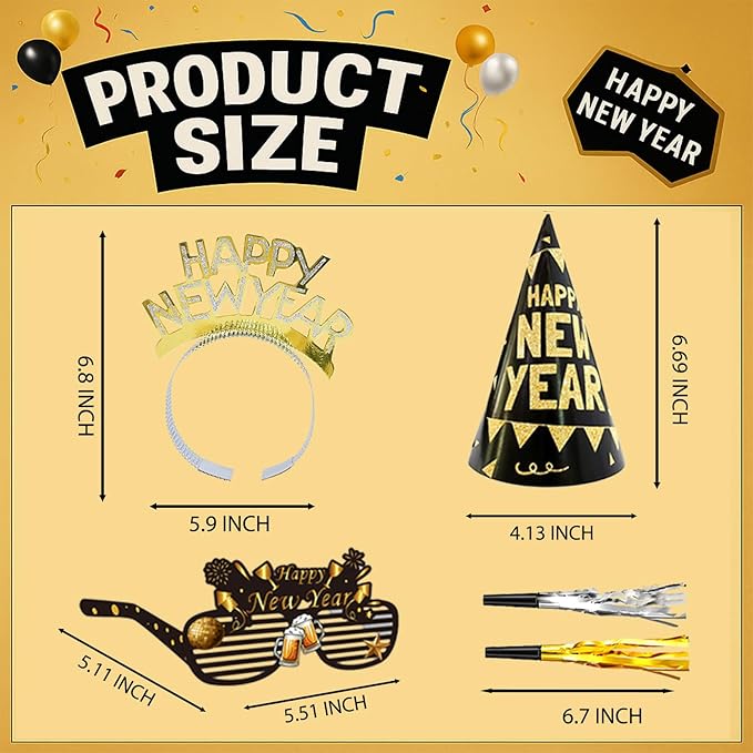 New Years Eve Party Supplies 2026 – 65 PCS Celebration Kit with Headbands, Cone Hats, Glasses, Necklaces, Noise Makers, Photo Booth Props & Wristbands – Gold Silver Happy New Year Decorations