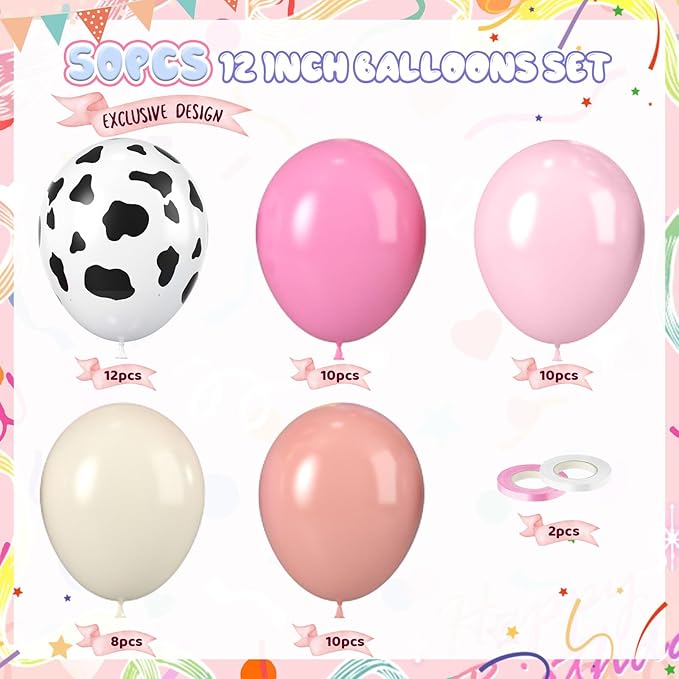 Pink Cow Print Balloons, Cow Balloons 50pcs 12 Inch Pastel Pink Macaron Pink Dusty Rose Neutral Ivory for Girl Pink Cow Birthday Western Party Baby Shower Wedding Bachelorette Farm Theme Decorations