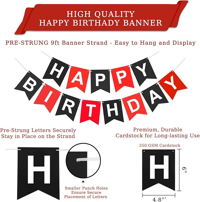 Red and Black Birthday Decorations, Black Happy Birthday Banner, Red Happy Birthday Decorations for Men Women and Girls Birthday Party Decorations