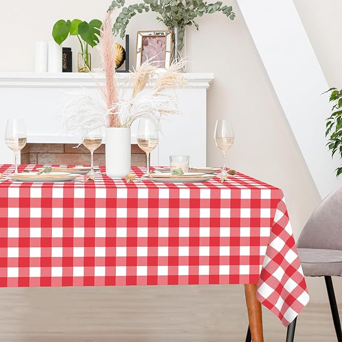 WNINK 6 Pack Red Gingham Tablecloth Rectangular Red and White Checkered Tablecloths Disposable Plastic Red Plaid Table Cover for Parties, Christmas, Outdoor Picnic, Birthday, Wedding, Camping 54 × 108