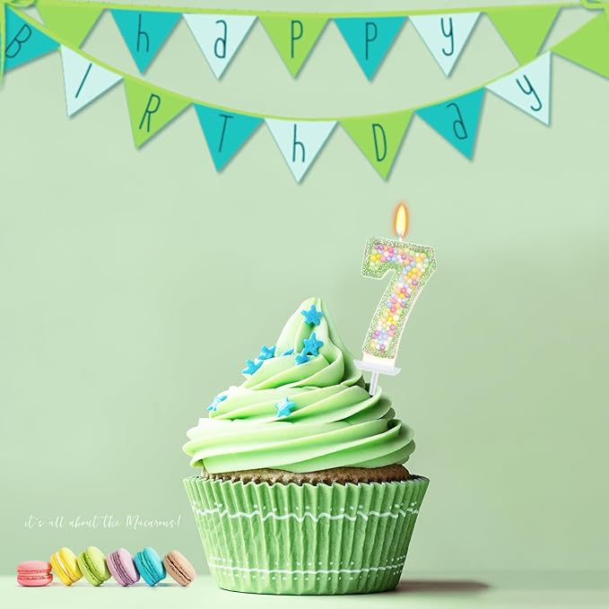 Birthday Candles - Number 7 Candle, Colorful Macaron Candles for Boys/Girls, Green Cake Decorations, Dinosaur Themed Party Supplies