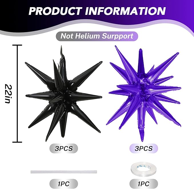 6PCS Purple Black Star Balloons, 22Inch Large Star Shaped Balloon Foil Spike Balloon Cone Balloons for Girls Women Birthday Graduation Halloween Party Decorations