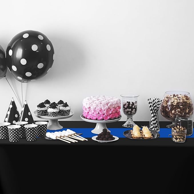 12Pack 12x108 Inch Satin Table Runner and 54x108Inch Plastic Tablecloths Set Black and Blue Disposable Rectangle Table Cover for Graduation Wedding Bridal Shower Anniversary Birthday Party Decorations