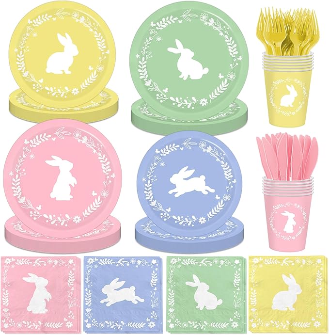 Easter Plates and Napkins, 144Pcs Easter Decorations Colorful Bunny Paper Plates and Napkins, Cups, Forks, Knives for Spring Easter Bunny Picnic Party Supplies, Serves 24