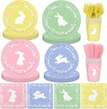 Easter Plates and Napkins, 144Pcs Easter Decorations Colorful Bunny Paper Plates and Napkins, Cups, Forks, Knives for Spring Easter Bunny Picnic Party Supplies, Serves 24
